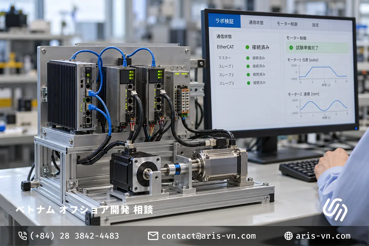 Môi trường Lab với EtherCAT Master, các Slave và motor, màn hình theo dõi trạng thái kết nối và điều khiển motor