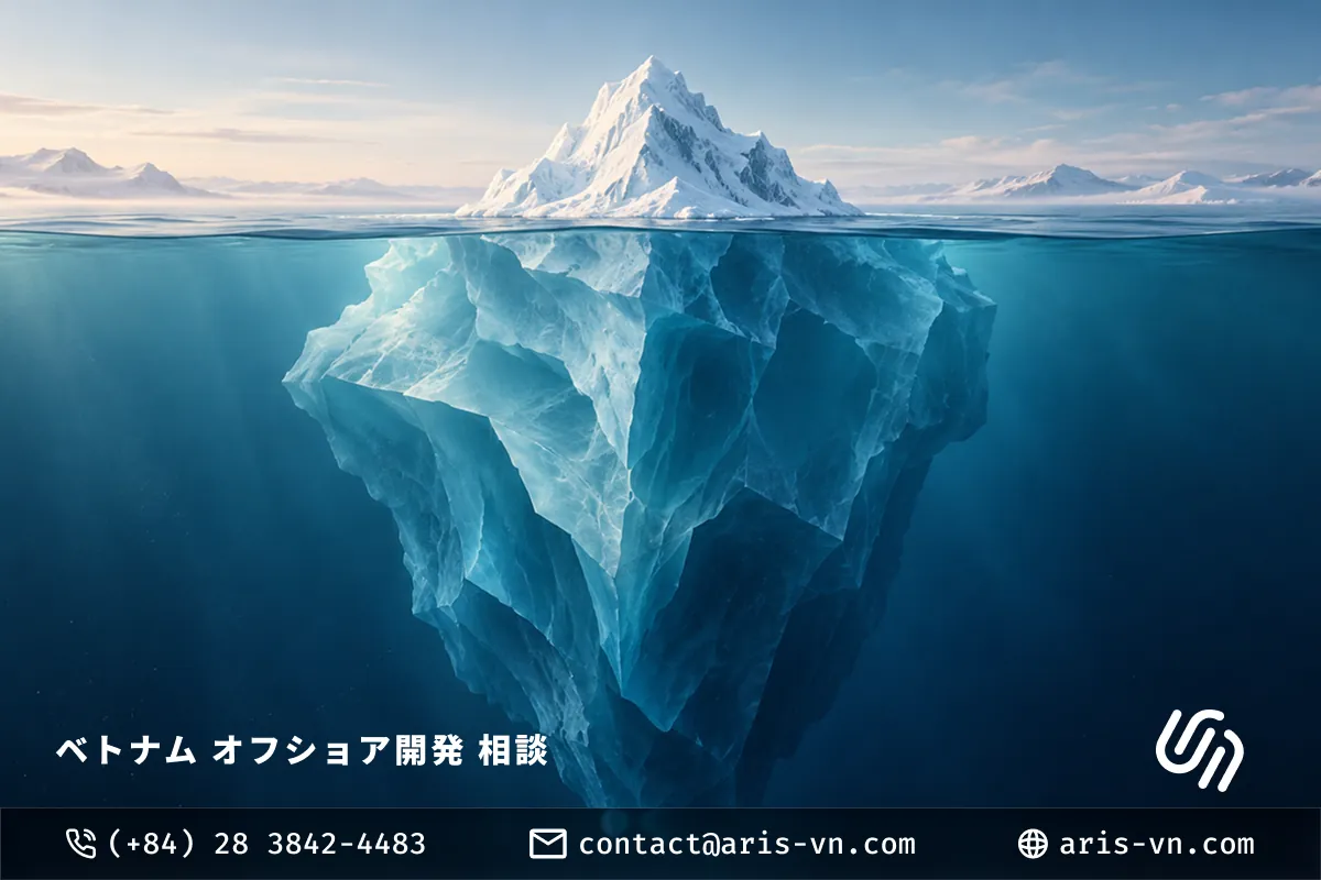 Tảng băng trôi trên biển, phần lớn khối băng chìm dưới mặt nước, minh hoạ những rủi ro dữ liệu khó thấy khi doanh nghiệp dùng AI