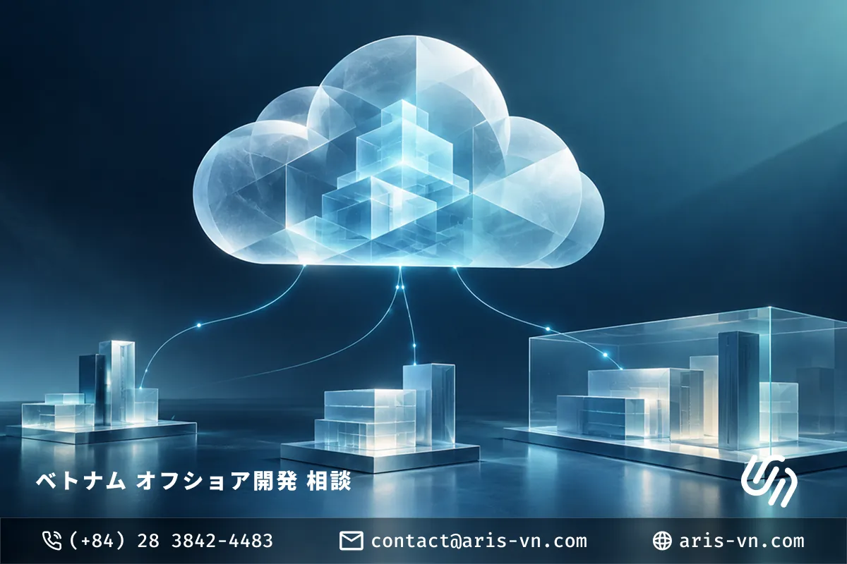 An AI cloud connected to several infrastructure sites, one of them inside a sealed glass enclosure, illustrating hybrid AI that combines cloud and on-premise systems
