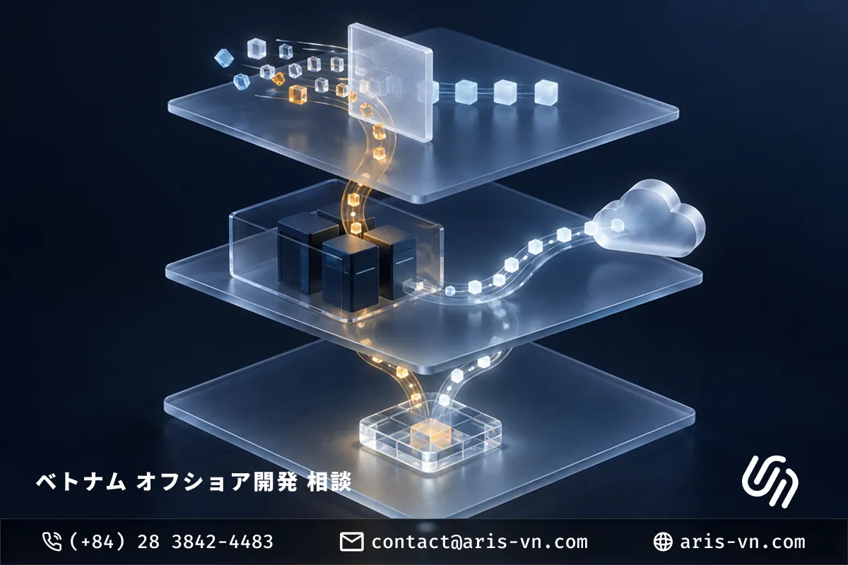 Three glass layers illustrating a hybrid AI architecture: the top layer filters and masks sensitive data, the middle routes sensitive data to internal servers and the rest to the cloud, and the bottom recombines the results