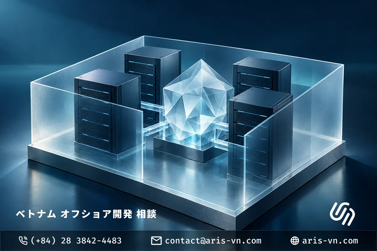 Servers and an AI model enclosed in a sealed glass box, illustrating local AI running entirely on company-owned infrastructure