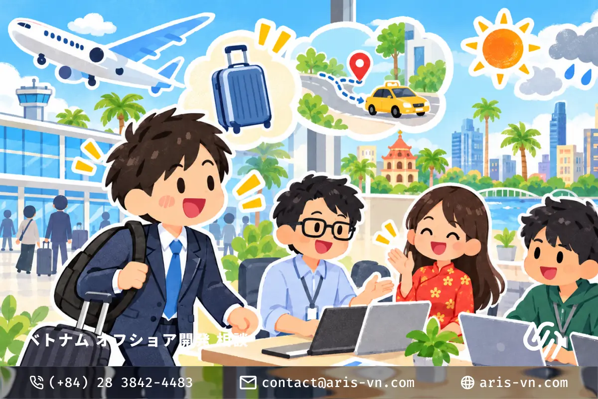 Illustration of a Japanese business traveller with a suitcase arriving and being welcomed by a smiling Vietnamese development team, with a plane, a taxi ride, sun and rain, and the Ho Chi Minh City skyline