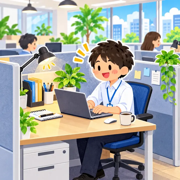 Illustration of a staff member working on a laptop at a desk
