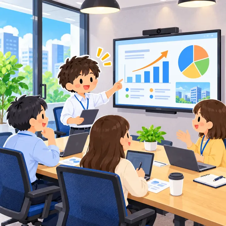 Illustration of a team meeting in front of a large monitor