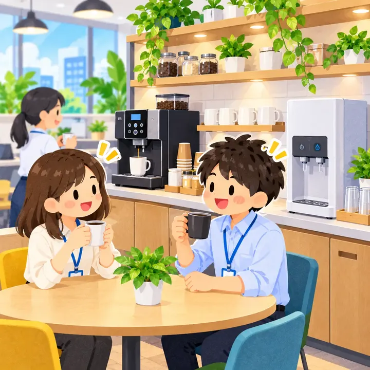Illustration of two colleagues chatting over coffee in the pantry