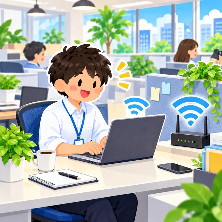 Illustration of a staff member working next to a Wi-Fi router